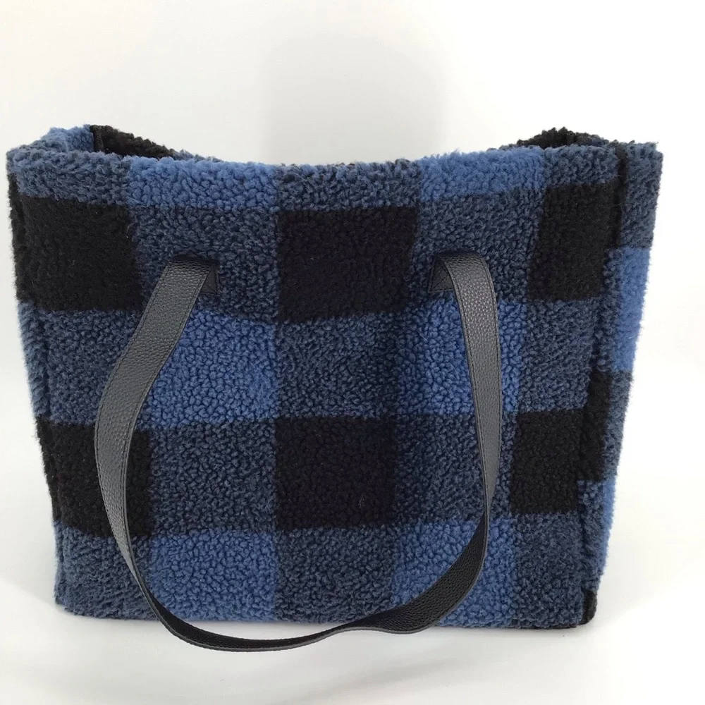 Barnes & Noble Exclusive Blue Buffalo Plaid Sherpa Tote Bag - Picture 3 of 11
